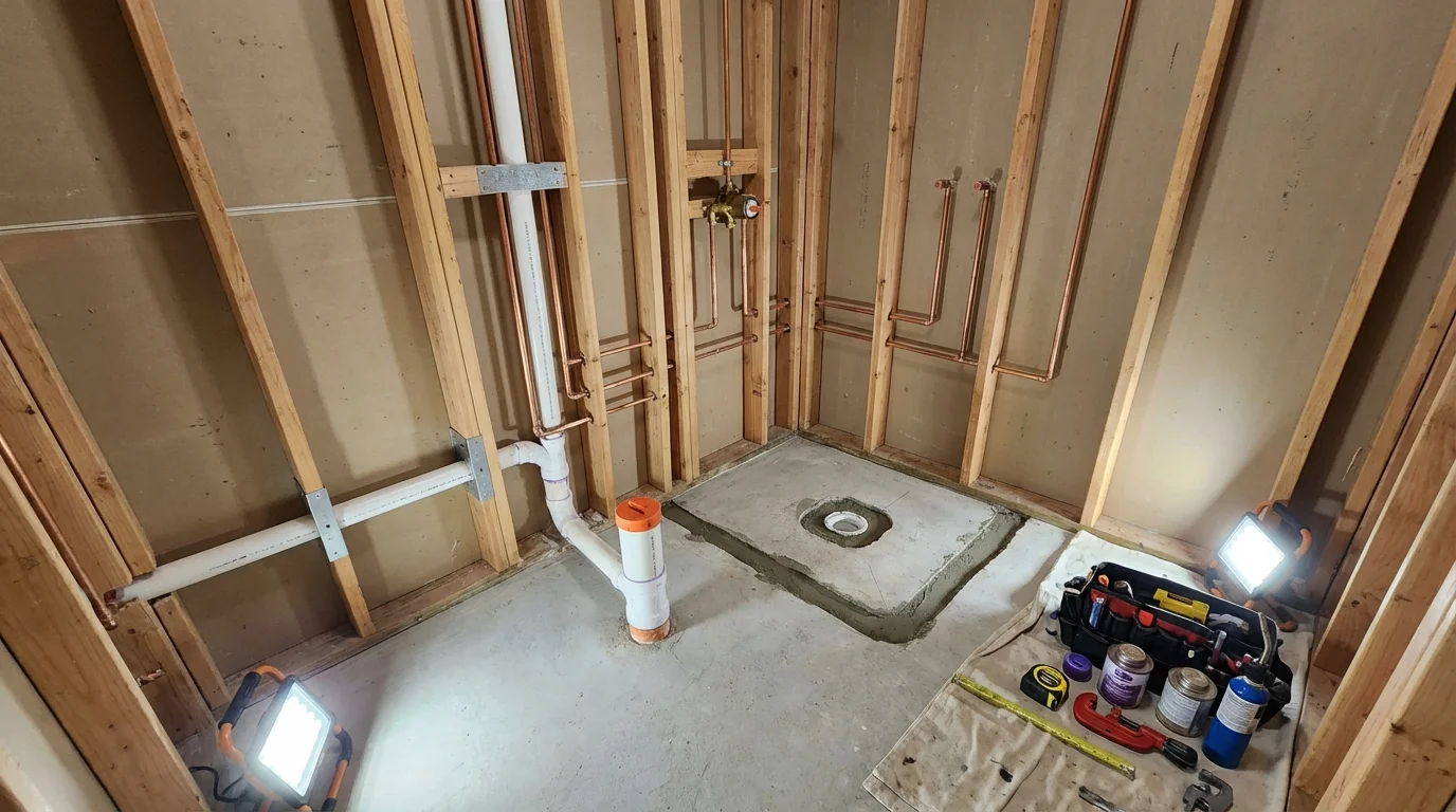 Bathroom rough-in plumbing during remodel by Johns Plumbing LLC in Leakey