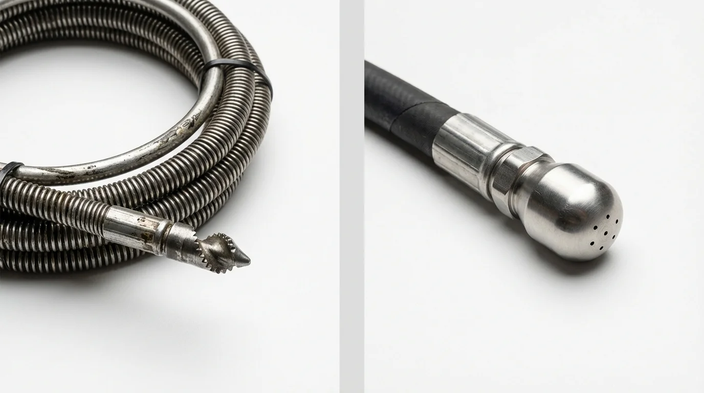 Drain snake cable and hydro jetting nozzle used for drain cleaning in Leakey, TX