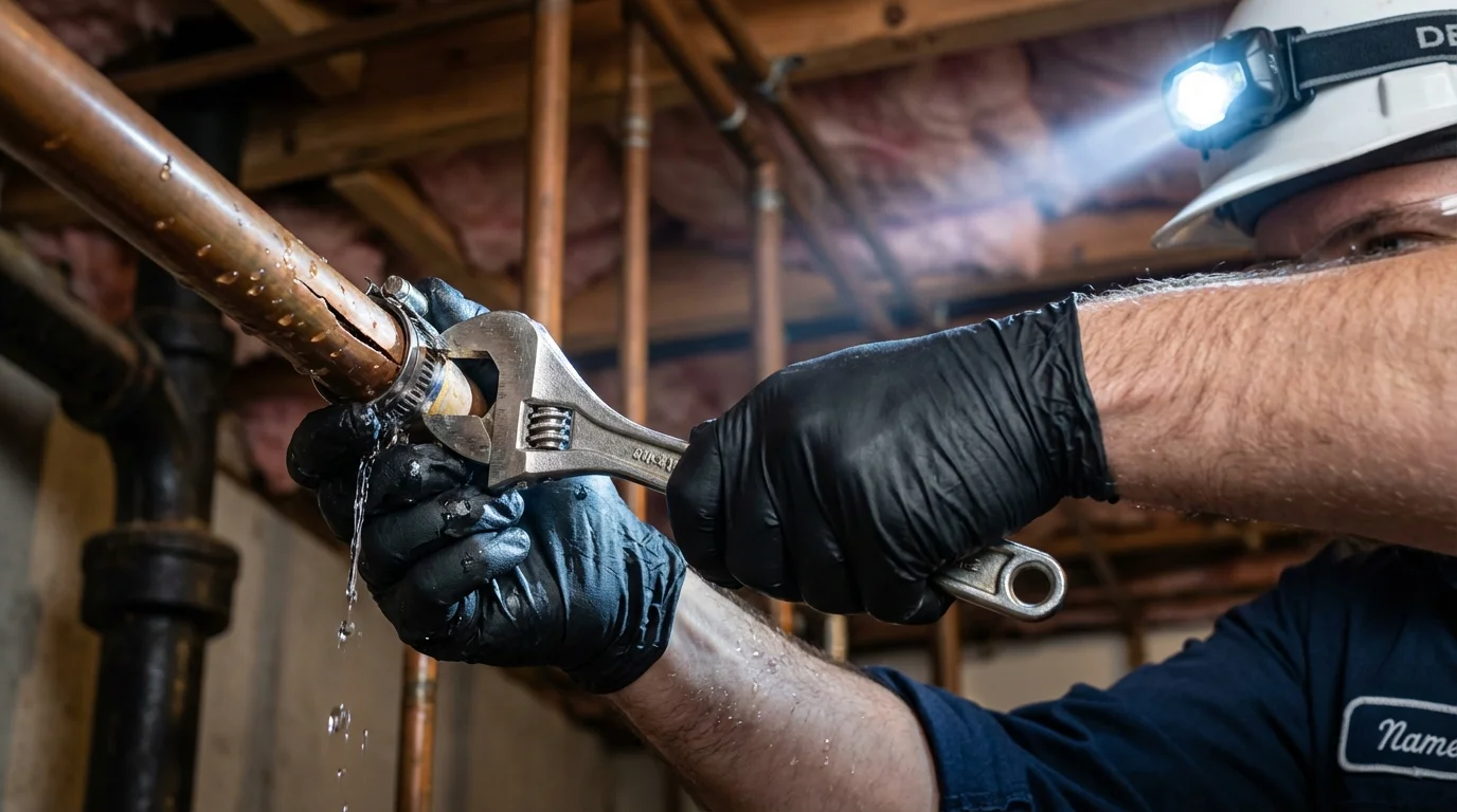 Emergency pipe clamp repair being performed by a Johns Plumbing LLC plumber in Leakey