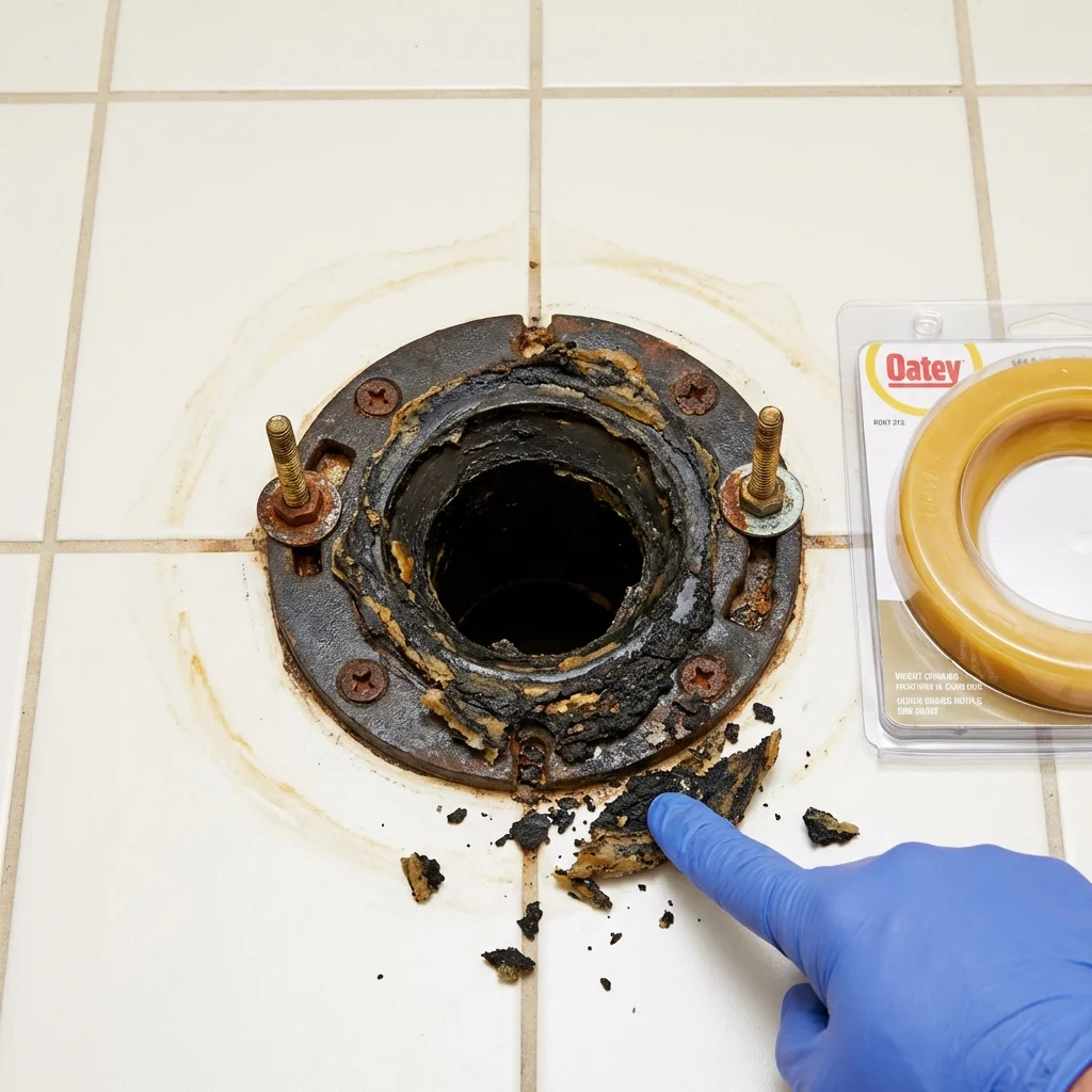 Failed wax ring showing water seepage at the base of a toilet in a Leakey, TX home